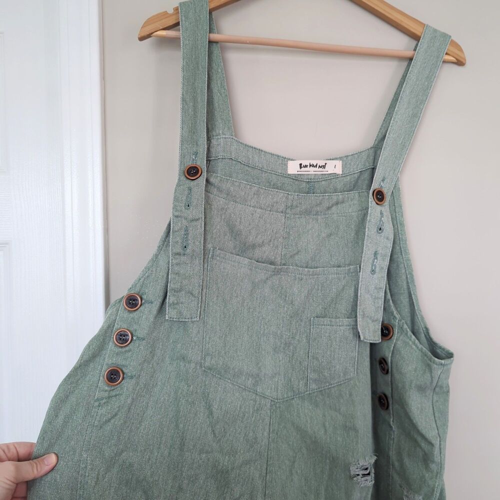 Three Bird Nest Sage Green Women's Denim Overalls Dress - Picture 5 of 12
